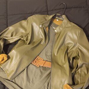 OLIVE VEGAN LEATHER JACKET, S/M, LIGHT-WEIGHT for SPRING W/ SHIRT & BELT